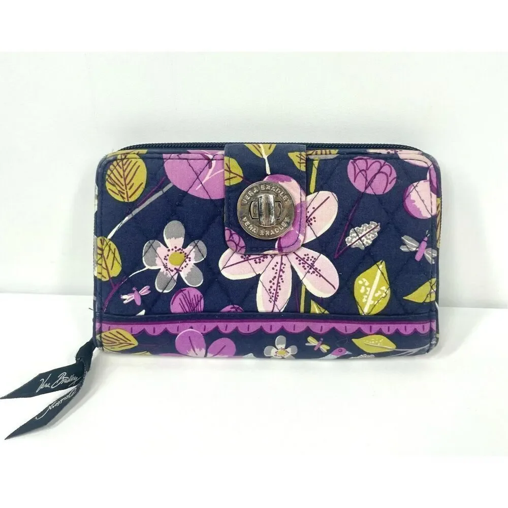 Vintage Vera Bradley Turn Lock Nightingale Wallet Purple Blue Large Zip Around